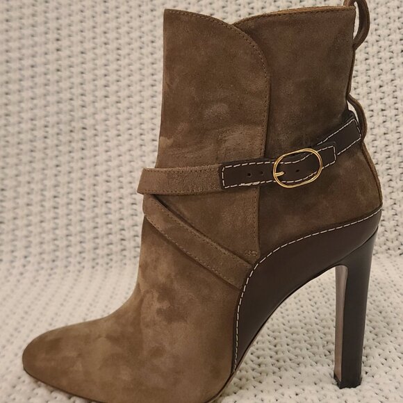 Ralph Lauren Purple Label Jensynn Calf-Suede Tan Heeled Bootie - Picture 7 of 11